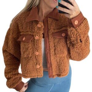 PacSun Tan Brown Super Soft Lightweight Button Down Cropped Teddy with P…